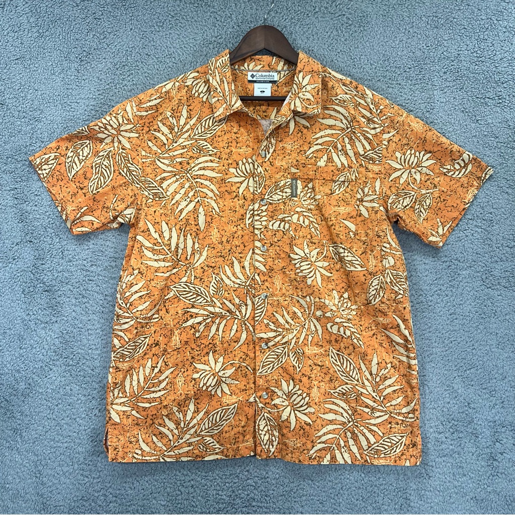 Columbia Hawaiian Button Shirt Orange Short Sleeves Men Size Large